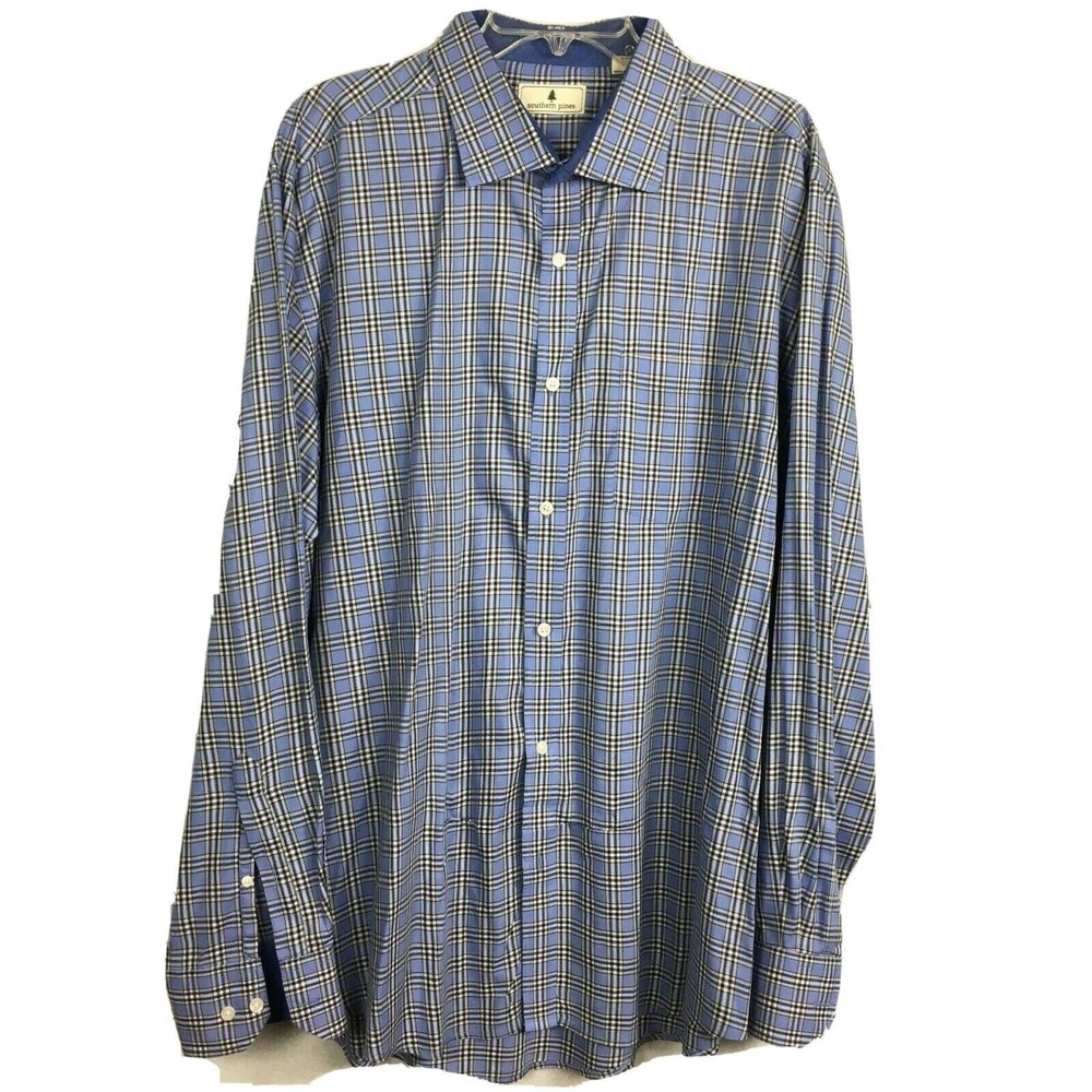 Southern‎ Pines Shirt Mens Sz XXL Blue Plaid Long Sleeve Button Up Dress
